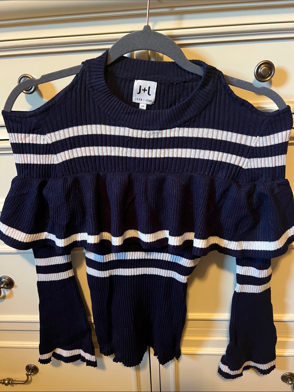 John + Jenn Navy and White Off-Shoulder Ruffle Stripe Sweater